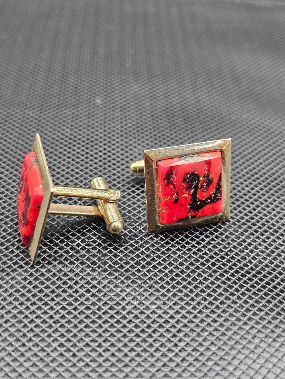 Vintage Red and Gold Square Cufflinks with Floral Design